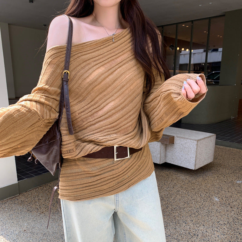Lazy Chic Asymmetrical Cut-Out Knit Top – Unique One-Shoulder Long Sleeve Sweater for Women
