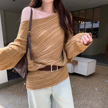 Lazy Chic Asymmetrical Cut-Out Knit Top – Unique One-Shoulder Long Sleeve Sweater for Women
