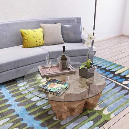 36" Round Tempered Glass Coffee Table with Wood Base