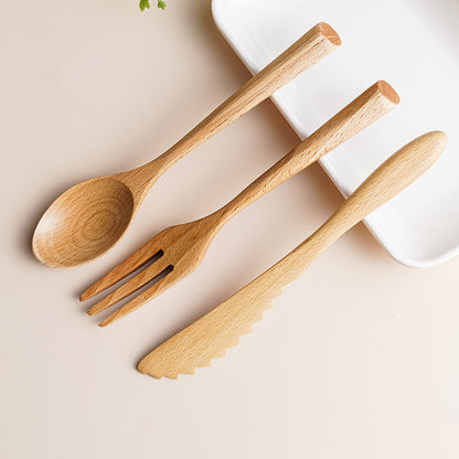 3-Piece Creative Beech Wood Cutlery Set - Natural Wooden Knife, Fork, and Spoon