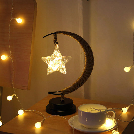 LED Star in Moon Night Light with Hemp Rope and Iron Art Base