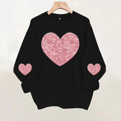 Pink Glitter Heart Print Grey Sweatshirt | Cozy Long Sleeve Pullover for Women