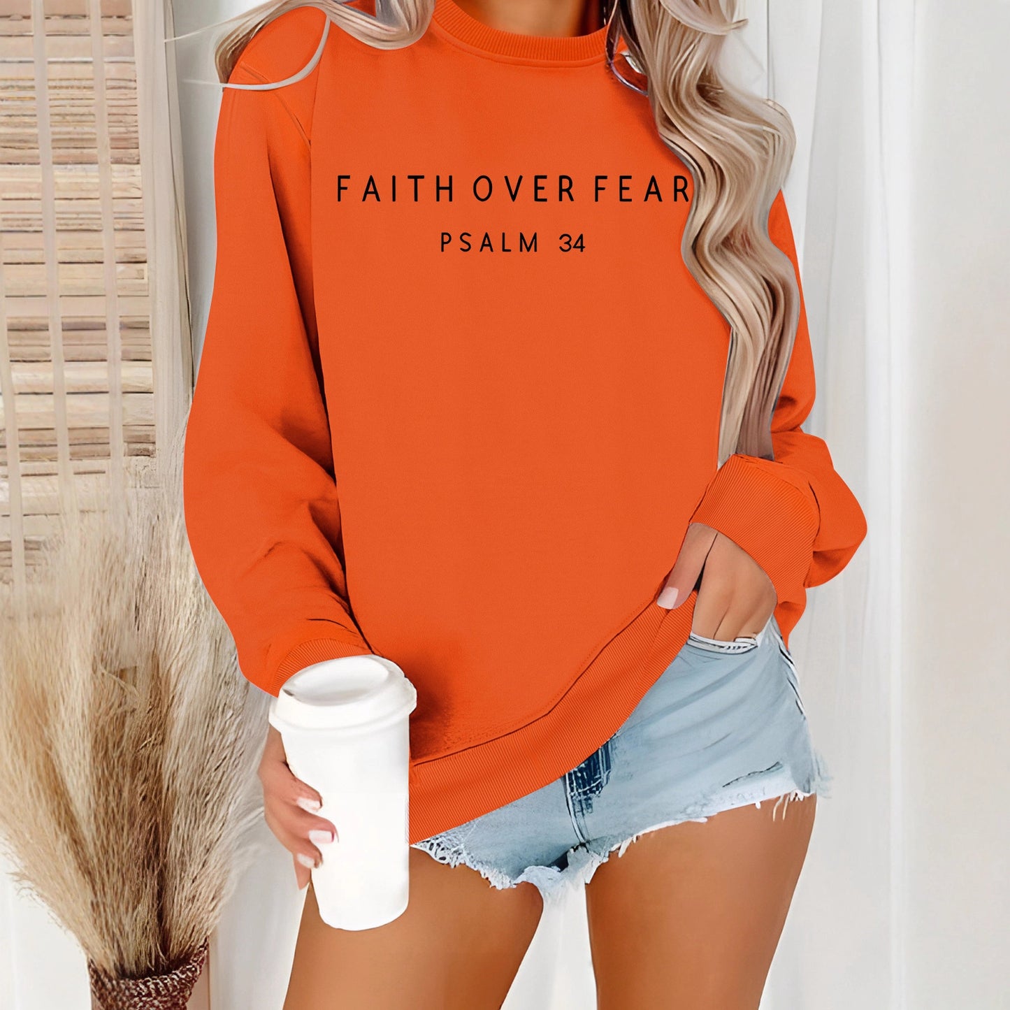 Inspirational 'Faith Over Fear' Letter Print Sweatshirt | Loose Fit Casual Pullover Top