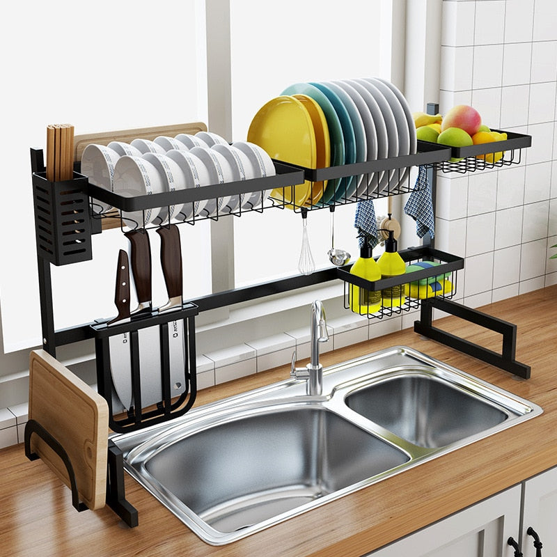 Over the Sink Dish Drying Rack - 2-Tier Stainless Steel Kitchen Organizer & Storage Space Saver (Black, 65/85cm)