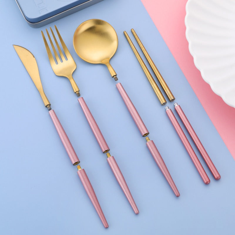 Portable 304 Stainless Steel Cutlery Set - Luxury Folding Knife, Fork, Spoon & Chopsticks