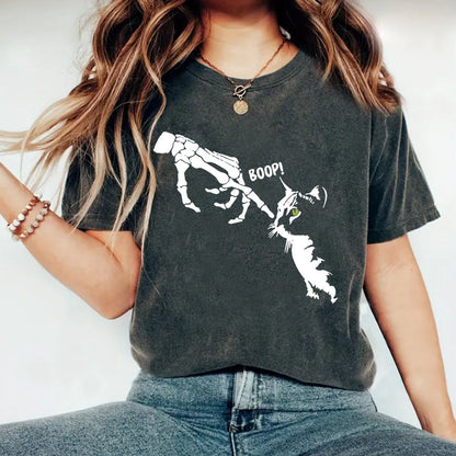 Women's Hand Cat Skull Pattern Printed Round Neck Short Sleeve T-Shirt | Gothic Graphic Tee