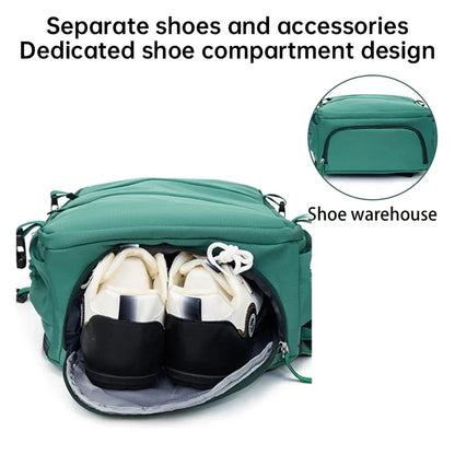 Green travel bag with separate shoe compartment holding white sneakers, organizational design.