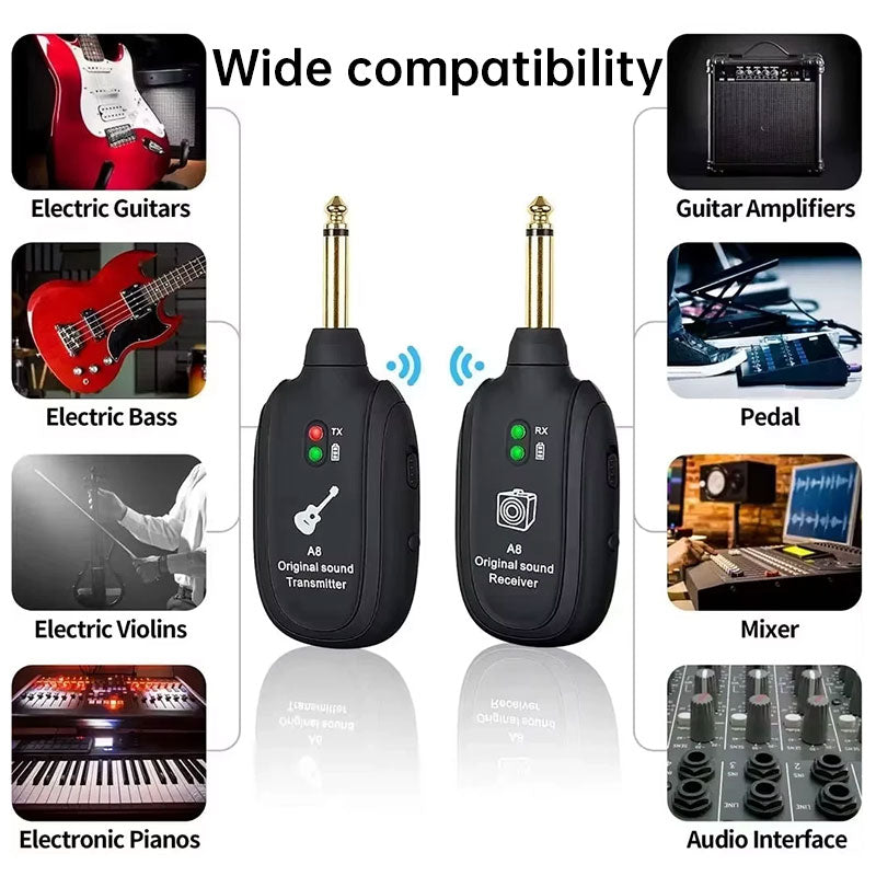 Wireless Guitar Transmitter Receiver System with USB Charging for Instruments