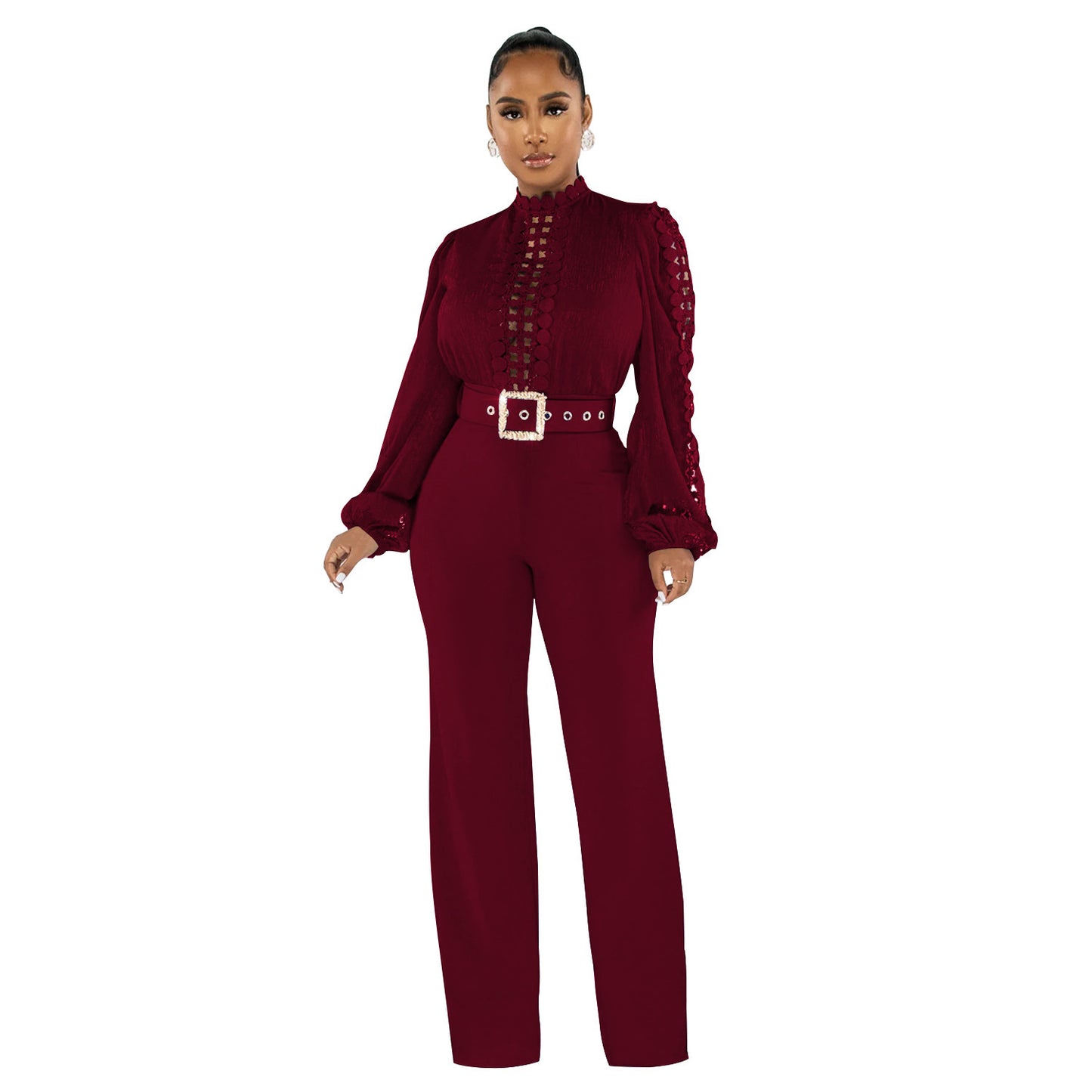 Chic Solid Color Long Sleeve Belted Jumpsuit - Elegant Ruffle Cut-out Party Trousers