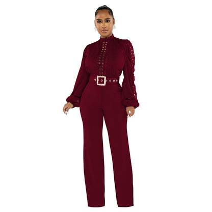 Chic Solid Color Long Sleeve Belted Jumpsuit - Elegant Ruffle Cut-out Party Trousers