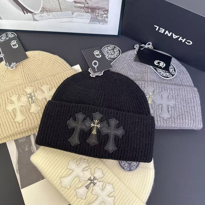 Unisex Gothic Triple Cross Knitted Beanie Hat - Warm Winter Cap
