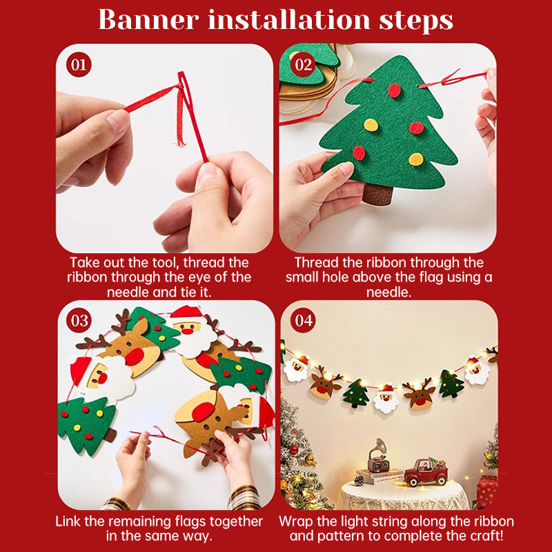 Handmade Christmas Pull String Flag Banner with LED String Lights