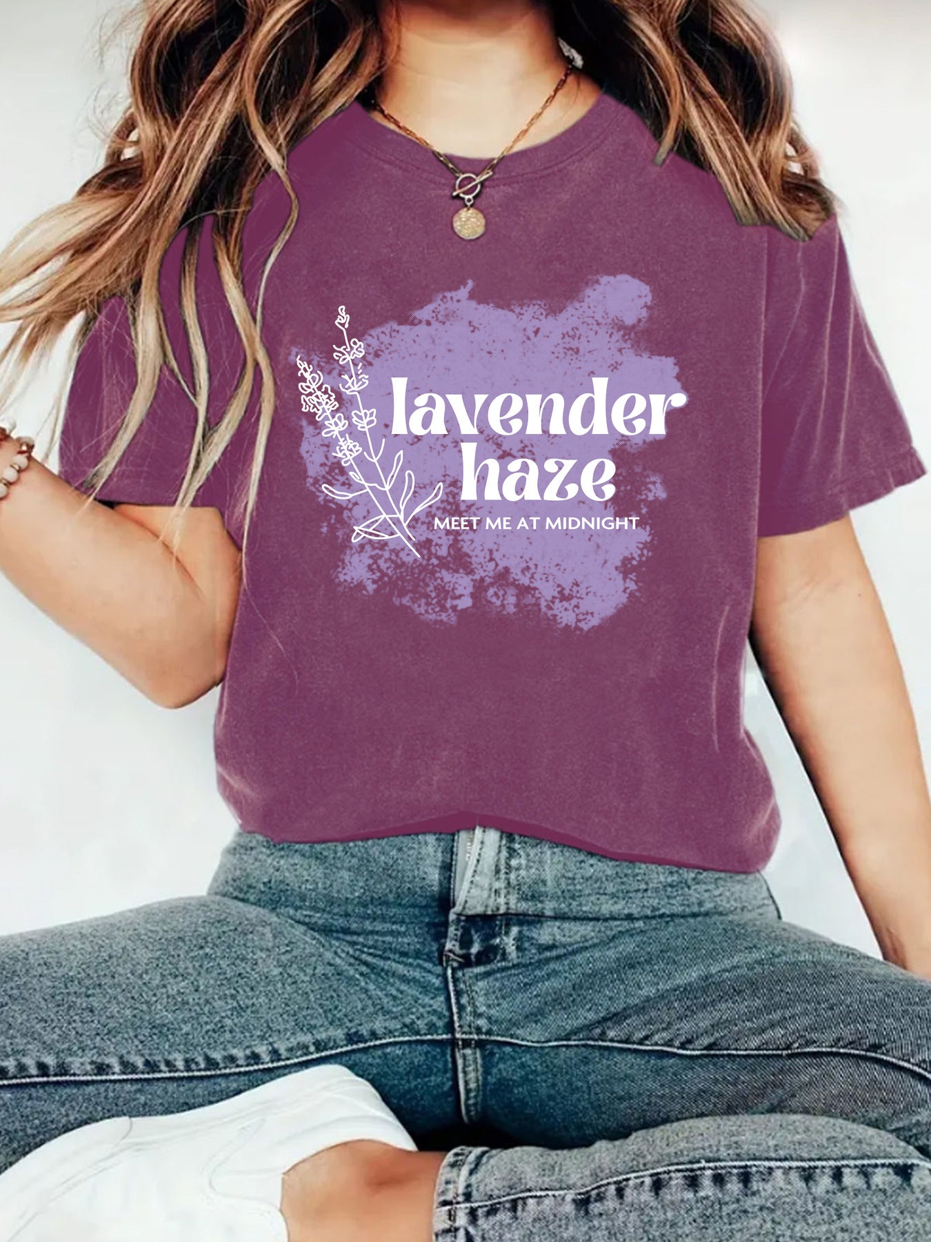 Lavender Haze' Pattern Printed Round Neck Short Sleeved T-Shirt | Graphic Slogan Tee