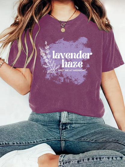 Lavender Haze' Pattern Printed Round Neck Short Sleeved T-Shirt | Graphic Slogan Tee