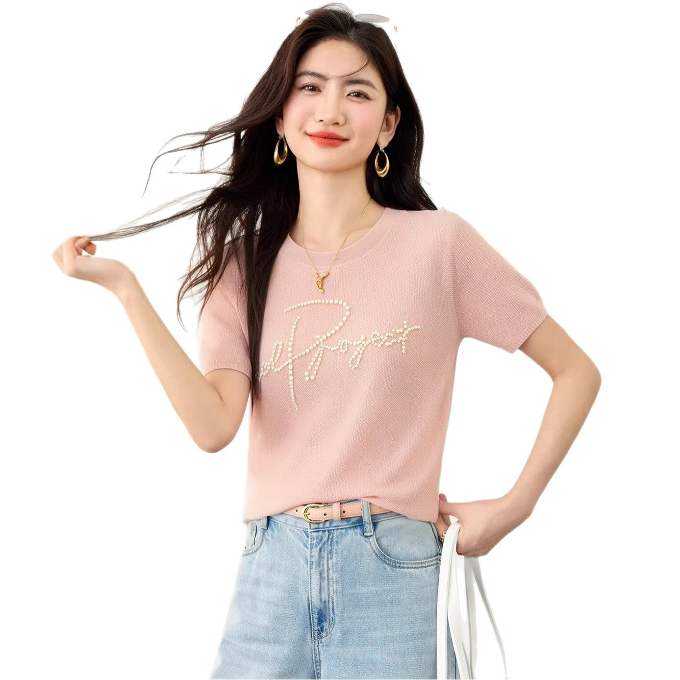 Women's Elegant Beaded Lettering Knit Top - Chic Casual Summer Tee