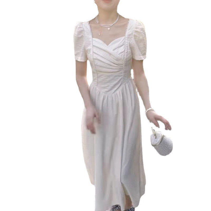 French Retro Fairy White Maxi Dress - Elegant Short Puff Sleeve High Waist Gentle Temperament Long Skirt