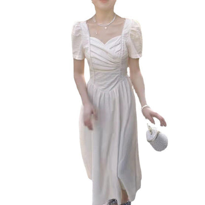 French Retro Fairy White Maxi Dress - Elegant Short Puff Sleeve High Waist Gentle Temperament Long Skirt