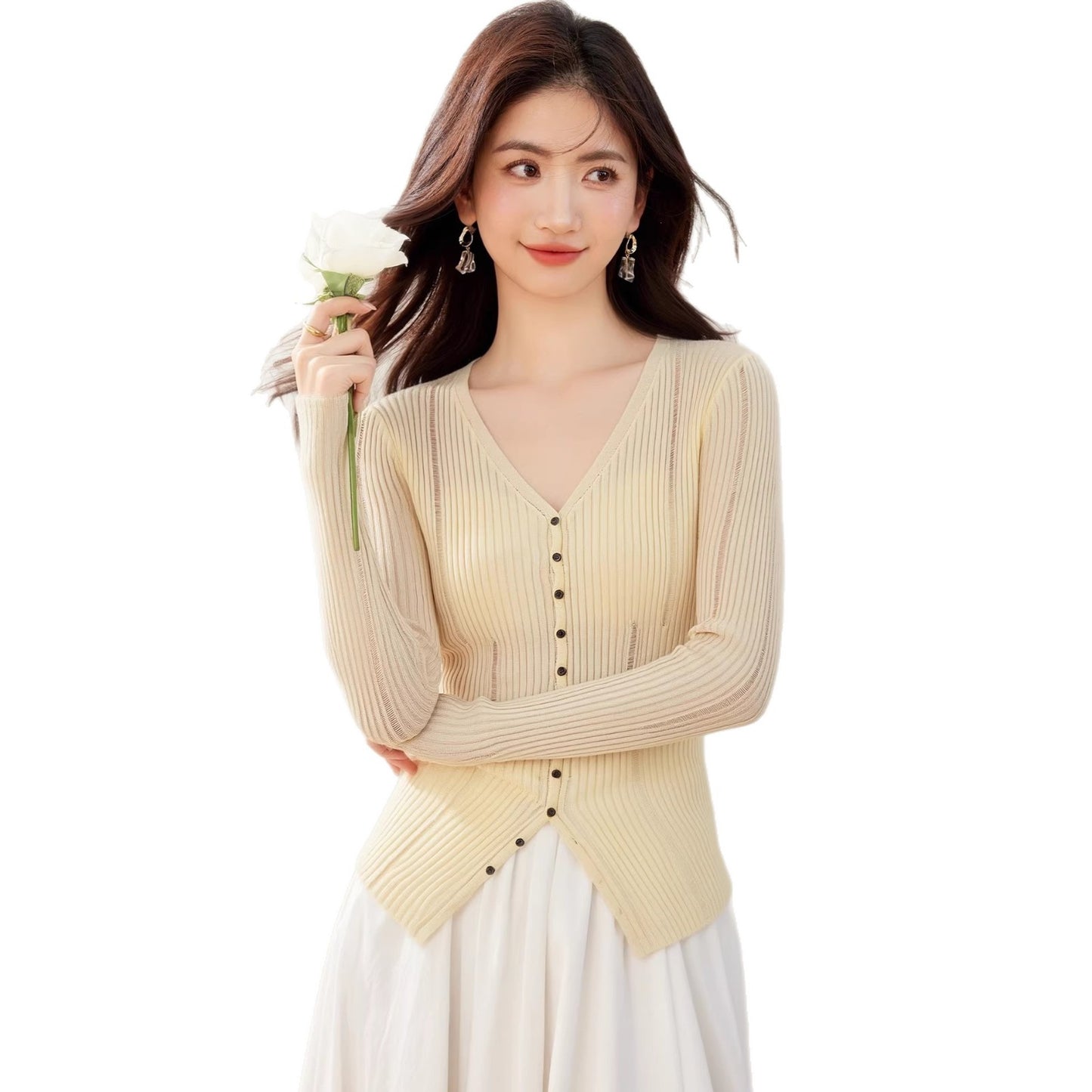 Minimalist Hollow Knit Cardigan for Women - Elegant Long Sleeve Top