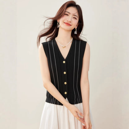 Women's Striped V-Neck Knit Waistcoat - Chic Sleeveless Outerwear Top