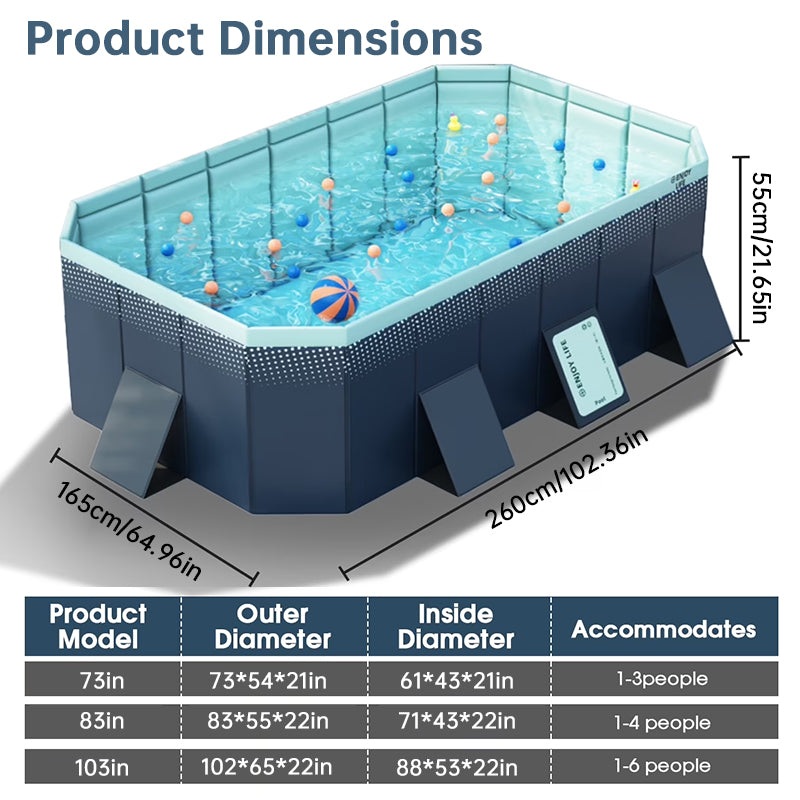 Large Foldable Rectangular Family Swimming Pool, Non-Inflatable Above Ground Pool