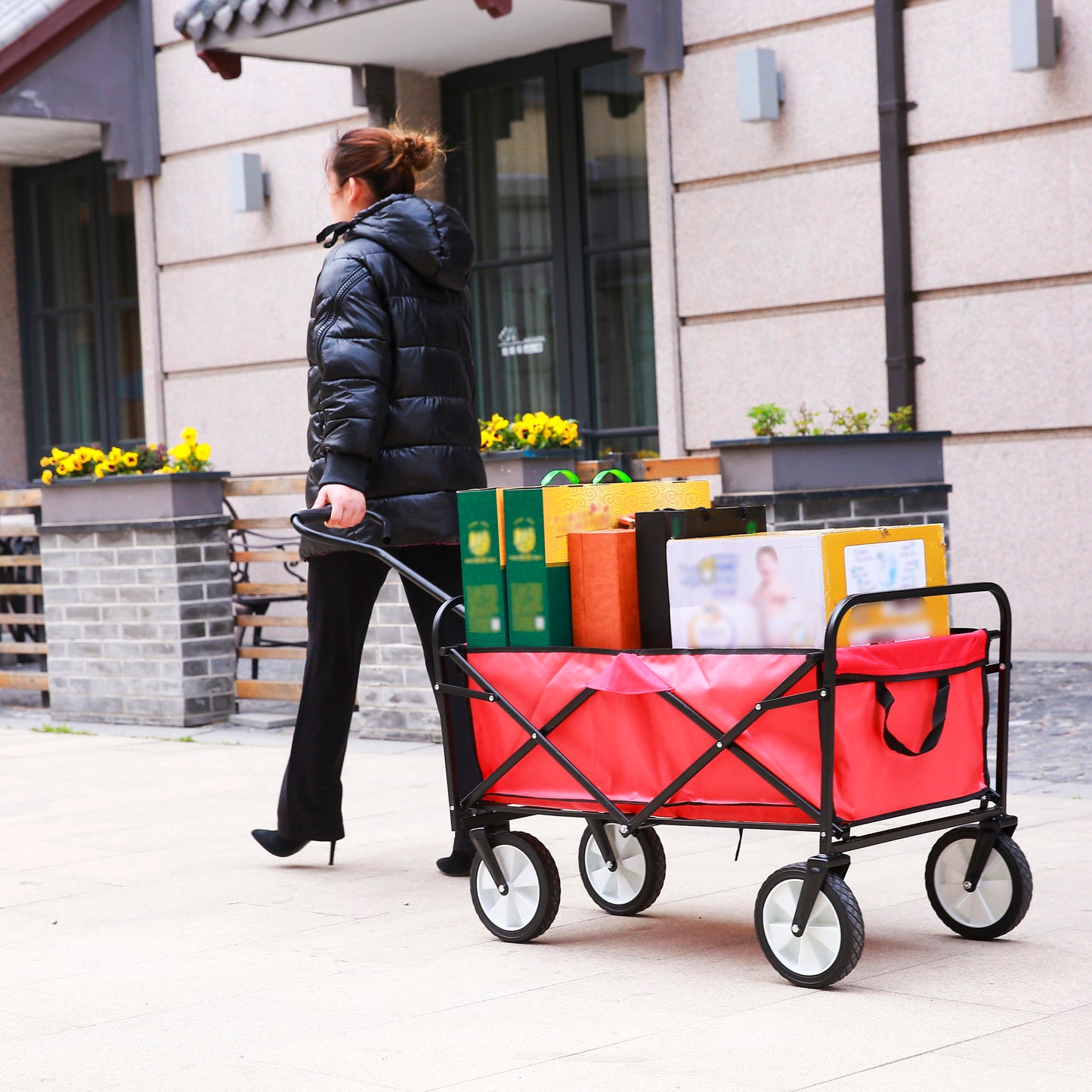 Folding Wagon Garden Shopping Beach Cart – Heavy Duty Red Utility Cart