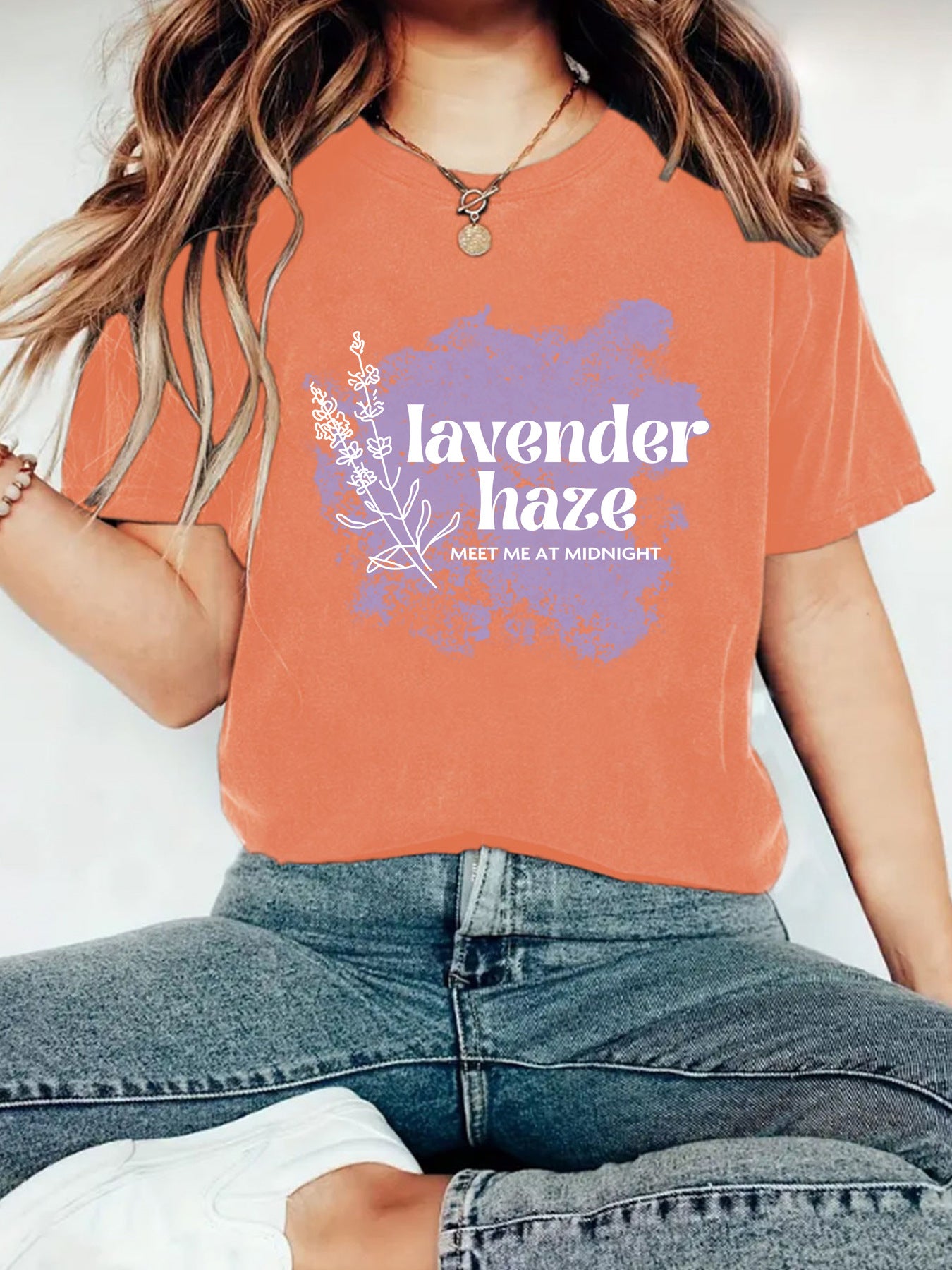 Lavender Haze' Pattern Printed Round Neck Short Sleeved T-Shirt | Graphic Slogan Tee