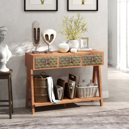 Mid-Century Modern Console Table with 3 Woven Drawers – Multifunctional Entryway Table & Open Storage Rack