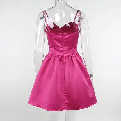 Glamorous Hot Pink Diamond Chain Strap Dress - Elegant Satin Party Mini Gown