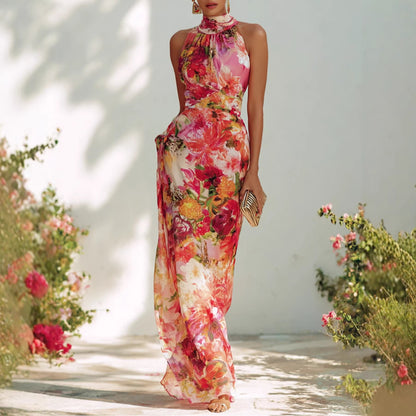 Women's Elegant Floral Halter Neck Dress - Sleeveless Fitted Chiffon Maxi Gown
