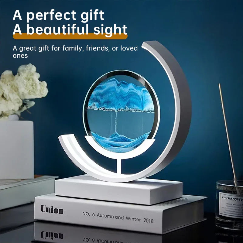 Modern sand art hourglass decor with blue sand on desk, unique home gift idea