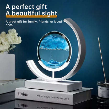 Modern sand art hourglass decor with blue sand on desk, unique home gift idea