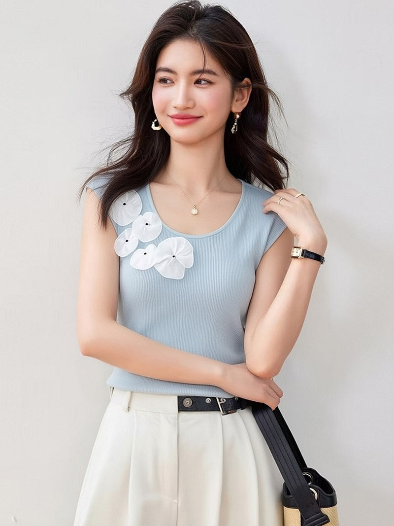 Women's Soft Knit Vest - Summer Fashion Floral Embroidery Top