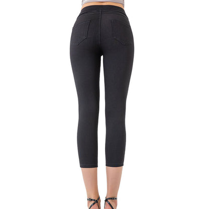 Slim Fit Denim-Style Capri Leggings - Casual High Stretch Yoga Trousers for Women