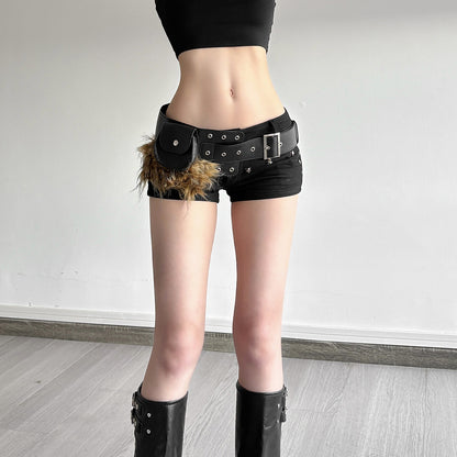 Splicing Faux Fur & PU Leather Utility Belt Bag | Adjustable Metal Buckle Fanny Pack