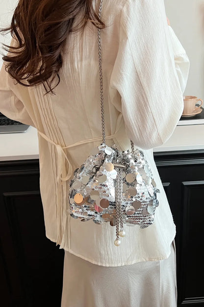 Shimmering Drawstring Sequin Pouch Crossbody Bag