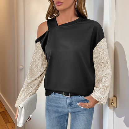 Off Shoulder Sequin Color Block Top | Black & Gold Long Sleeve Pullover for Women