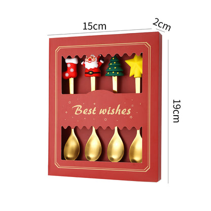 Luxury Christmas Gift Tableware Set - Gold Stainless Steel Coffee Spoon & Dessert Fork with Festive Cartoon Handles (Set of 4)