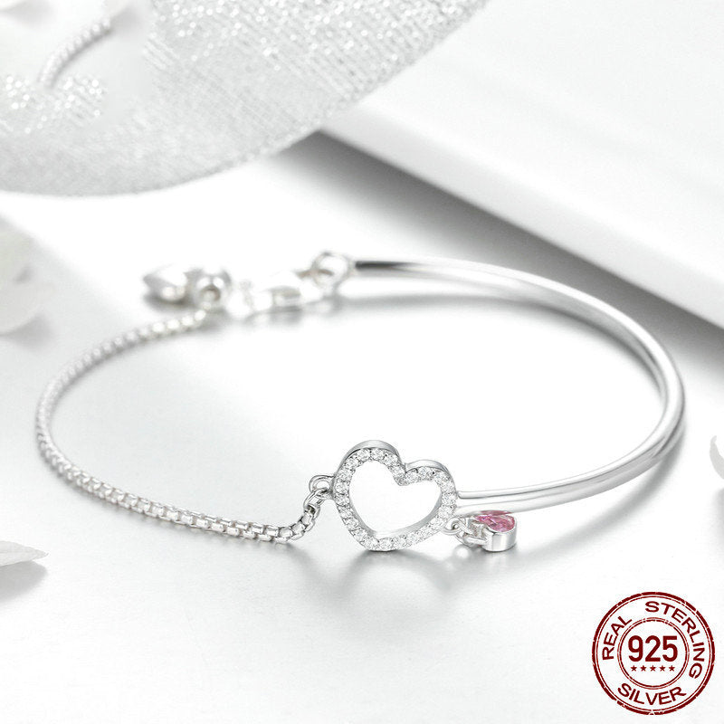 S925 Sterling Silver Heart Bracelet with Pink Crystal Charm