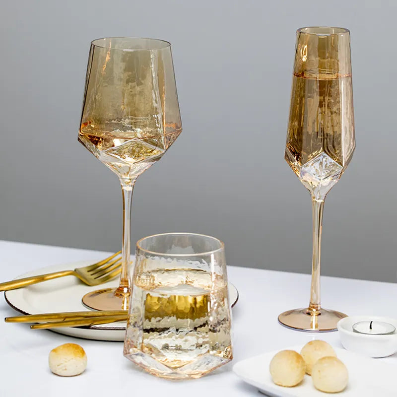 Nordic Gold Amber Crystal Glassware | Elegant Diamond Whisky Cup & Champagne Flute | Light Luxury Tableware