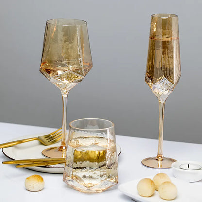 Nordic Gold Amber Crystal Glassware | Elegant Diamond Whisky Cup & Champagne Flute | Light Luxury Tableware