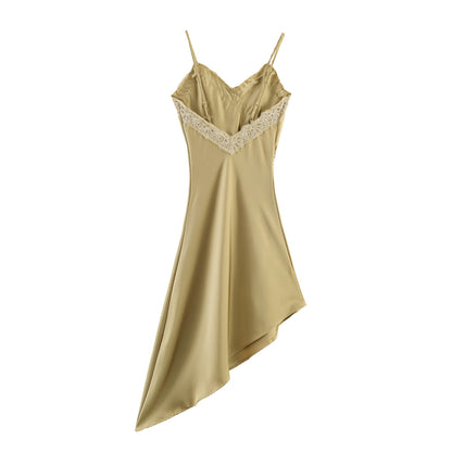 Luxury Silk Slip Dress - Asymmetric Hem and Lace Trim V-Neck