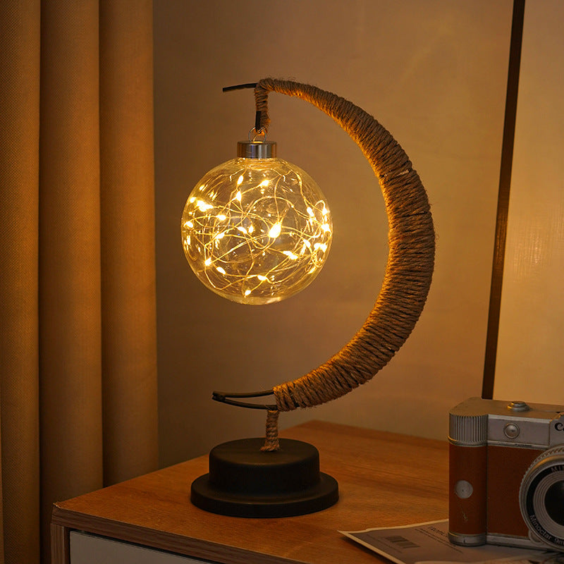 LED Star in Moon Night Light with Hemp Rope and Iron Art Base
