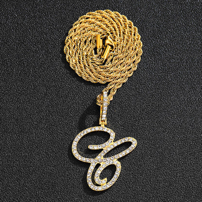 Iced Out Initial Letter Pendant Cuban Chain Necklace