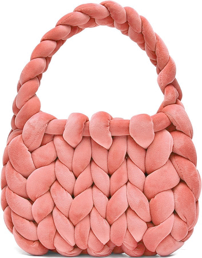 Chunky Hand-Knitted Velvet Yarn Shoulder Bag - Pink