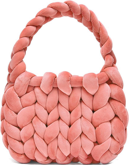 Chunky Hand-Knitted Velvet Yarn Shoulder Bag - Pink