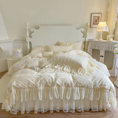 Luxury Lace Rose Embroidery Cotton Bedding Set – Romantic 4-Piece Duvet Cover with Ruffled Bed Skirt