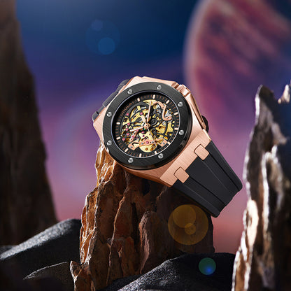 Fashionable Rose Gold Men's Watch - Premium Mechanical Timepiece with Silicone Strap