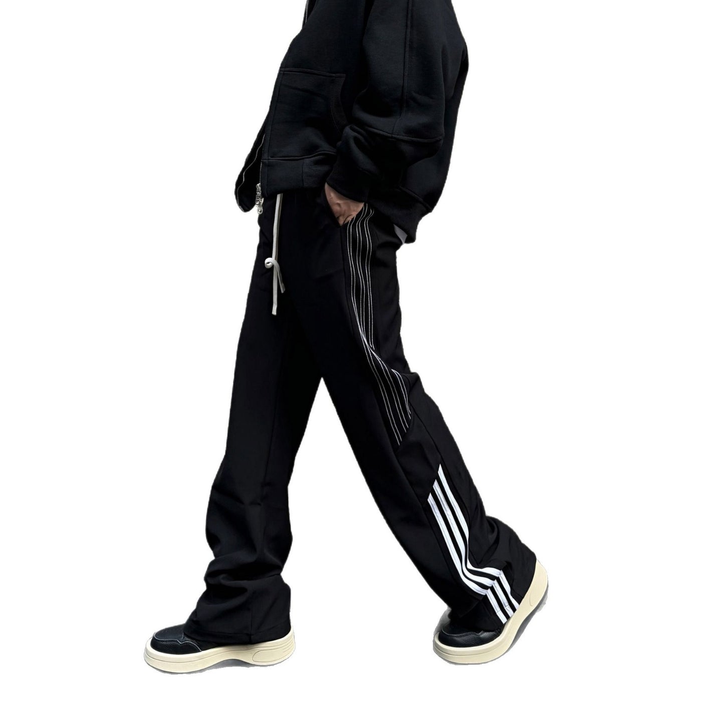 Urban Track Style Loose Sports Pants – Trendy Striped Wide-Leg Joggers for Men & Women