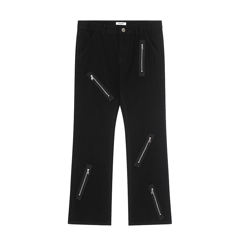 Trendy Multi-Zipper Flared Denim Pants - Cool Streetwear Loose Fit Black Trousers