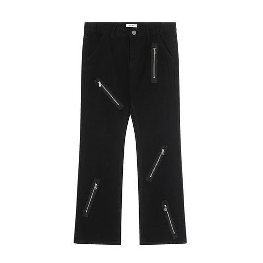Trendy Multi-Zipper Flared Denim Pants - Cool Streetwear Loose Fit Black Trousers